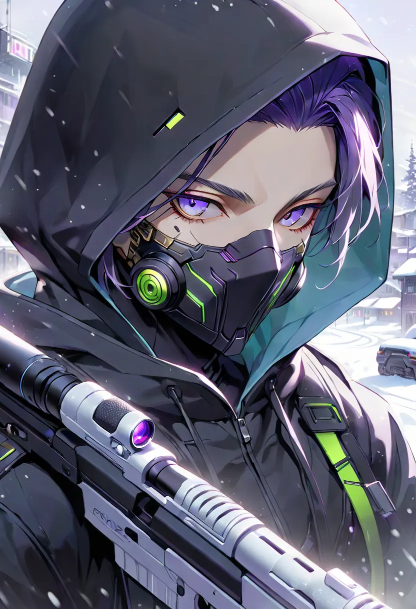 (( Top Quality)), (( masterpiece)), (  details), (( male)), ( maleの子), ((    sniper    )), ( Purple Hair), ( black hood ), ((  mask up  )), (), ((chic)), (snow), ( Cyberpunk)