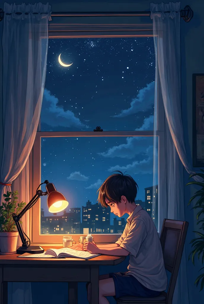 A realistic anime-style illustration featuring a "lofi boy" sitting by a window at night. Outside the window, a dark sky filled with twinkling stars and a glowing crescent moon can be seen. The room is softly lit by a small desk lamp, casting a warm and co...