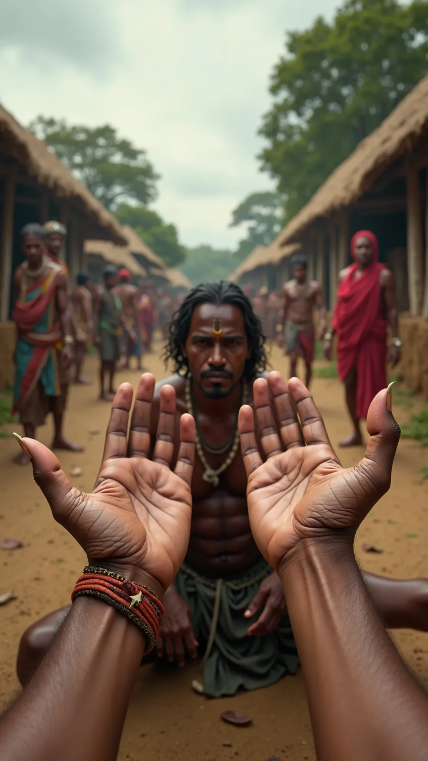 Hyperrealistic image in POV, with first-person point of view, where the spectator clearly sees both hands extended in front. The character is lying on the ground, and his hands appear in the foreground, stretched directly to the camera, showing realistic d...