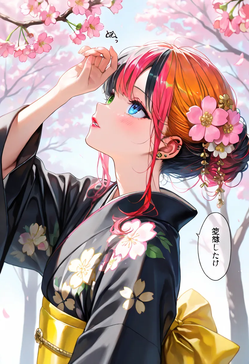 (masterpiece, best quality:1.2), (absurdres,   highres, ultra-detailed), (perfect anatomy),
(watercolor:0.4),(pastelcolor:0.4),1girl, japanese clothes, kimono, black kimono, cherry blossoms, solo, outdoors, hair ornament, floral print, obi, sash, flower, b...