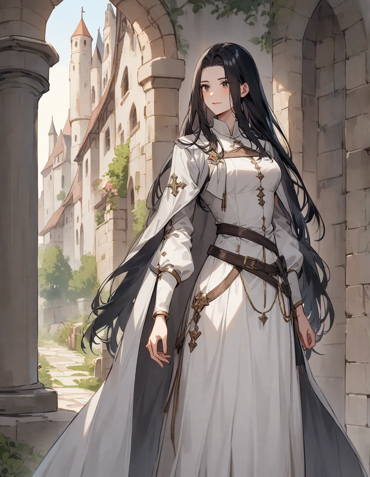 A girl with long black hair wearing a white uniform in medieval style 