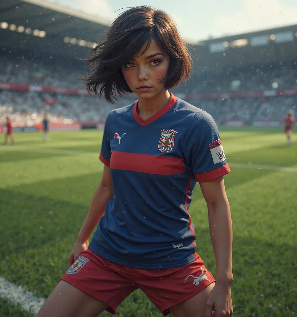 Girl short hair up to her shoulders ,  soccer uniform ,bastard munchen blue lock,red eyes black hair