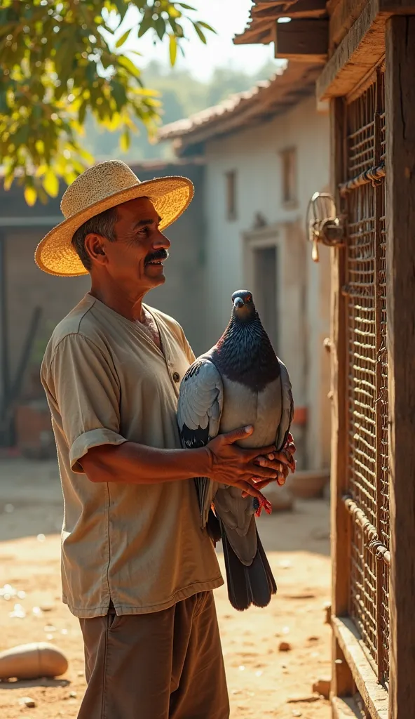 A strong farmer, wearing a straw hat and traditional village attire, is holding the giant pigeon with both hands. The scene is set in a bright, open courtyard with golden sunlight casting soft shadows. A large wooden and metal cage is nearby, reflecting th...