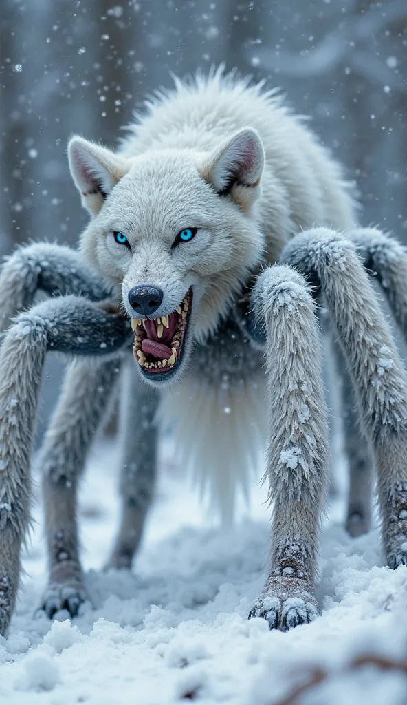 "A fusion of an arctic wolf and a tarantula, its fur covered in frost-coated spider hairs. Its muscular body is supported by eight powerful, fur-covered spider legs, each ending in razor-sharp claws. Its mouth is lined with venom-dripping fangs, and its ey...