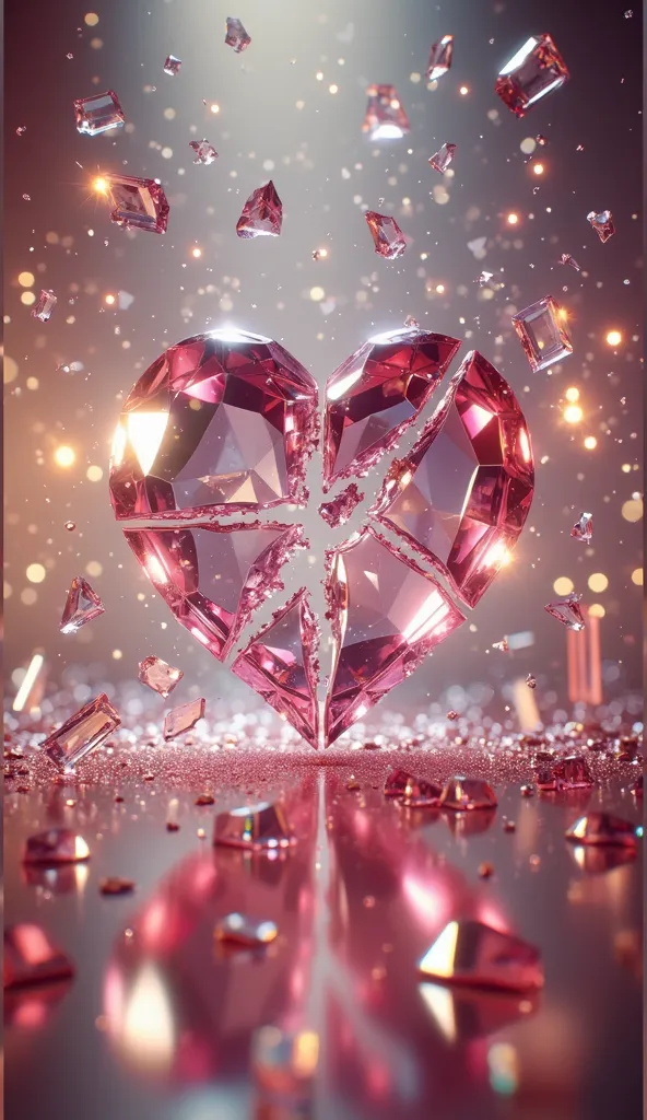  generated like this image、Pink Heart split in two in the middle、Pink Heart Shattered、A lot of little pink hearts are dancing、 Fantastic、Pink Heart Crystal、beautiful、beautiful、gorgeous、glossy、 glitter、high image quality、Composition like a scene from a movi...