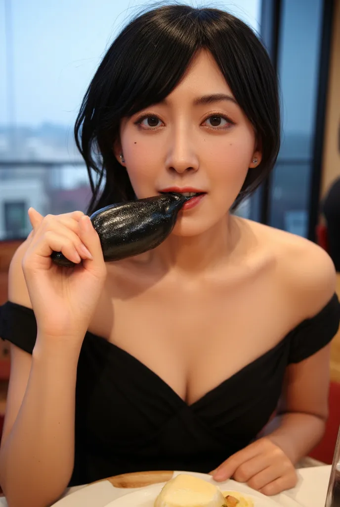 A high resolution photograph of a 30 year old Japanese woman, intricate details, sharp focus, professional lighting, solo, 1girl, an elegant lady, off shoulder party dress, dark hair, pale skin, detailed face, detailed eyes, sophisticated nose, (she is suc...