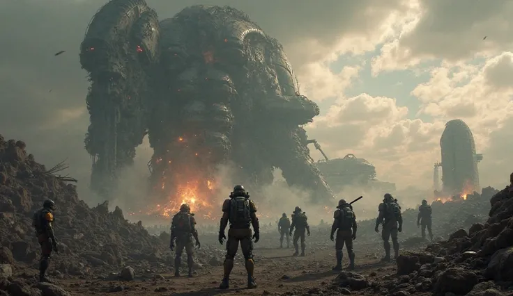 "A massive, war-torn alien battlefield with towering wreckage of starships, smoldering ruins, and remnants of both human and extraterrestrial forces. In the foreground, a group of battle-worn human soldiers in advanced exo-suits stand victorious, their fac...