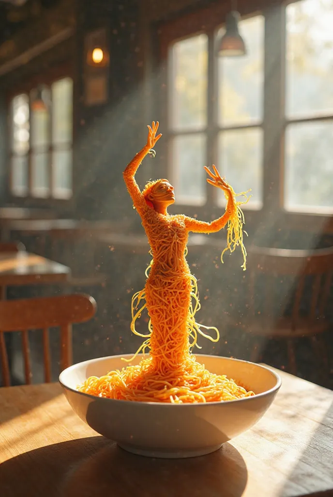 A unique humanoid figure, every part of its body made of brightly colored noodles. The figure poses gracefully in the middle of a dance, standing gracefully in a bowl of noodles. Soft ripples emanate from its feet, as if it has just moved. The quiet restau...