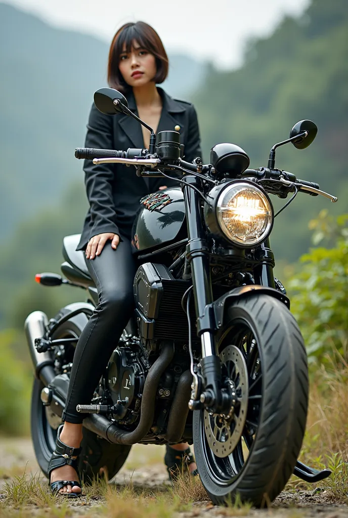 (super realistic photo: 1.2, high quality, super sharp, super detailed) super cool, massive, majestic large displacement motorbike, short hair, big breasted Asian model, standing next to natural figure