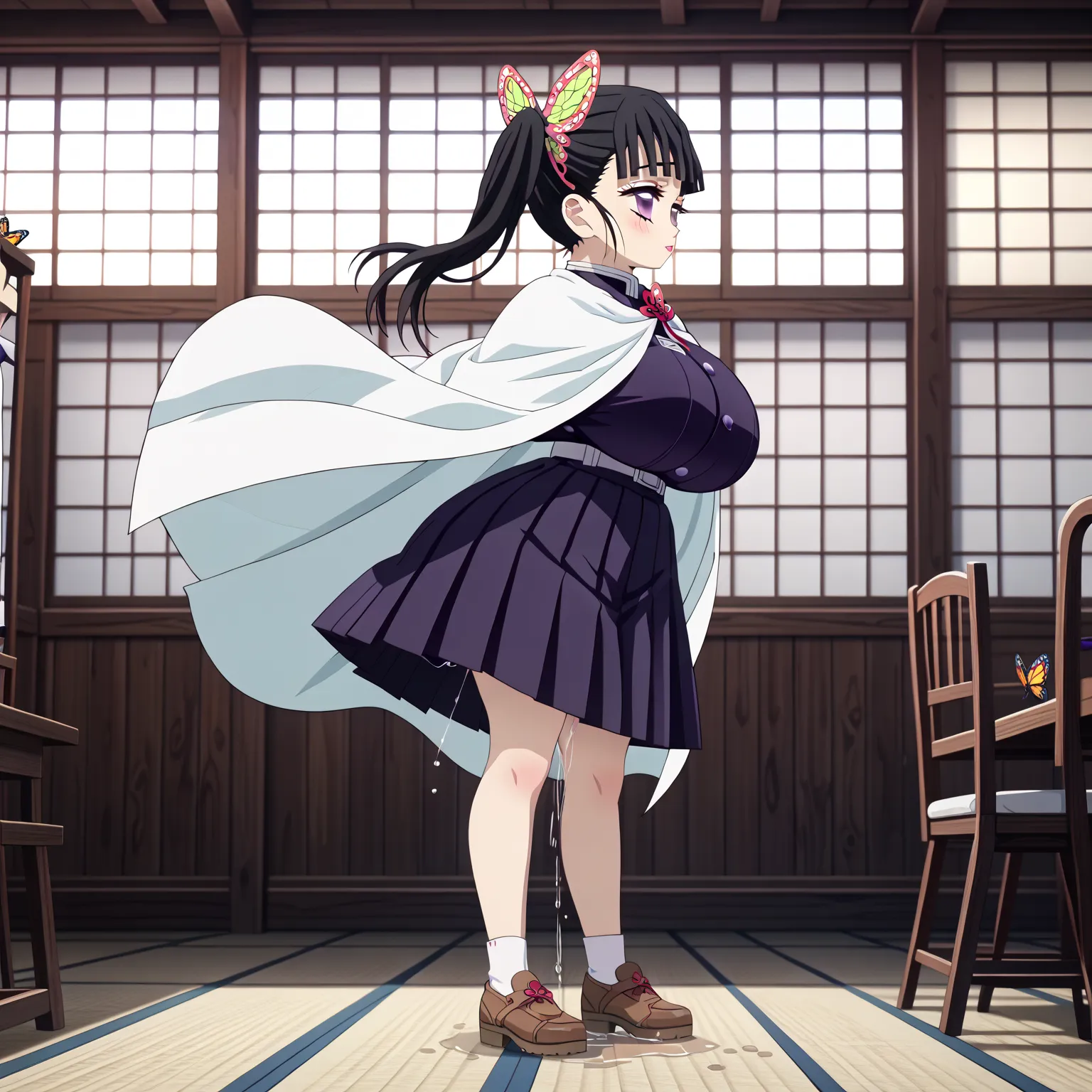 (UHD, retina, masterpiece, accurate, anatomically correct, super detail, high details,   highres,anime screencap, anime coloring:1.3)、(kanao tsuyuri:1.3)、(black hair, butterfly, butterfly hair ornament, purple eyes, side ponytail, ponytail:1.3)、(very gigan...