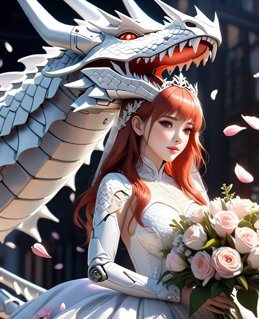  ( bestquality,4K,8k,highres,masterpiece:1.5),ultra-detailed,(realistic,photorealistic,photo-realistic:1.5),HDR,UHD,Girl in a pure white wedding dress riding a stylish mechanical dragon, Dynamically flying through a fantasy sky full of sparkling spring ski...