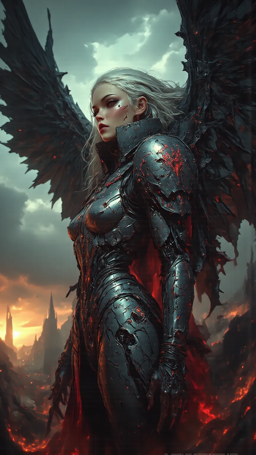 Magnificent depiction   ， A silver-haired banshee hunter ，   armor broken like glass   ，   black wings  ，Red edge ， background changes from warm reddish-yellow to calm blue-green。