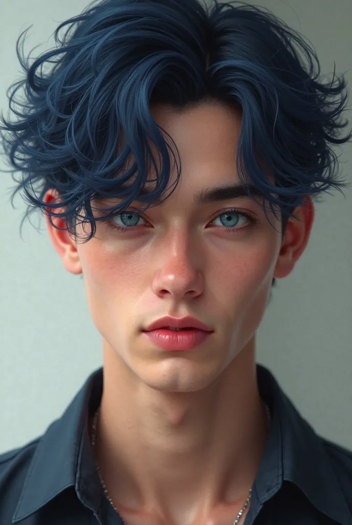 Create a very attractive 19-year-old age boy with dark blue hair