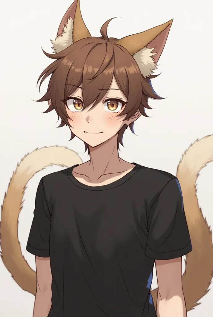 Character with brown hair and tail and cat and black and male shirt 