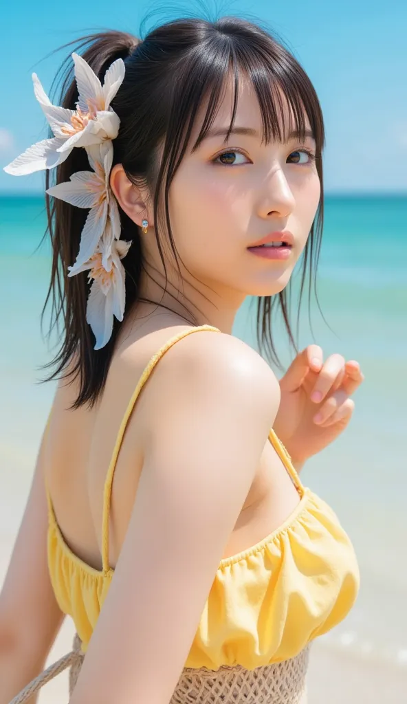  masterpiece, super high resolution 、Top Quality、full body、On a tropical beach、, smile、tilt your head、  big gemstone earrings   :1.5,、small breasts、 BODY IS VERY SLIM 、skinny、 with Sparkling Flowers 、thin thighs , A bikini with a cute design、Japanese idols...