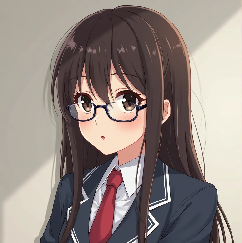 Anime character with completely straight dark brown hair, glasses, red lips,  Black Eyes,  small eyes, Cara filena , with slightly marked mandible, wearing a dark blue and white secretary's uniform, with a book-style hairstyle, So break it in half but keep...