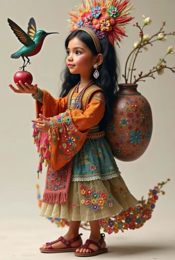 Hello chat gpt I am the director of an artistic toy project, I need you to help me design an artistic toy based on the Chola Cuencana in her hands a real heart and on her back a lump carrying a hummingbird
I need you to help me with side views, front and b...