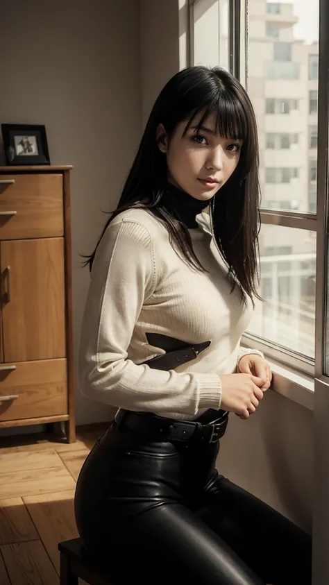 (masterpiece), best quality, expressive eyes, perfect face, boots, blushed, lipstick,  pistol holster ,  Nankanami, 170 cm, death note, medium breasts, Japanese American woman, long black hair, Naomi Misora, twin bangs, ((black eyes without pupils)), fbi a...