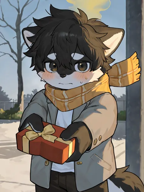 source_ furry， furry male，elementary school students，((boy )),Black Shiba Inu boy ，black fur，short hair,masterpiece, newest,absurdres, incredibly absurdres,  messy hair, cute anthro, alone,strong closed mouth,embarrassed,light head steam，white shirt，scarf，...