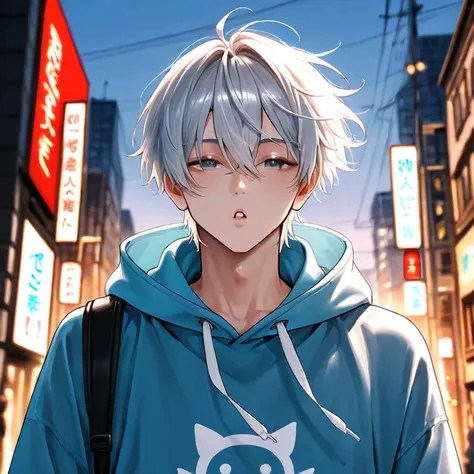 hoodie with dowels、hair parted to the center、 Silver Hair、Height: 178 cm、 easygoing eyes while dribbling、1 man、 friendly atmosphere、 blowing in the wind 、pocket in the city、