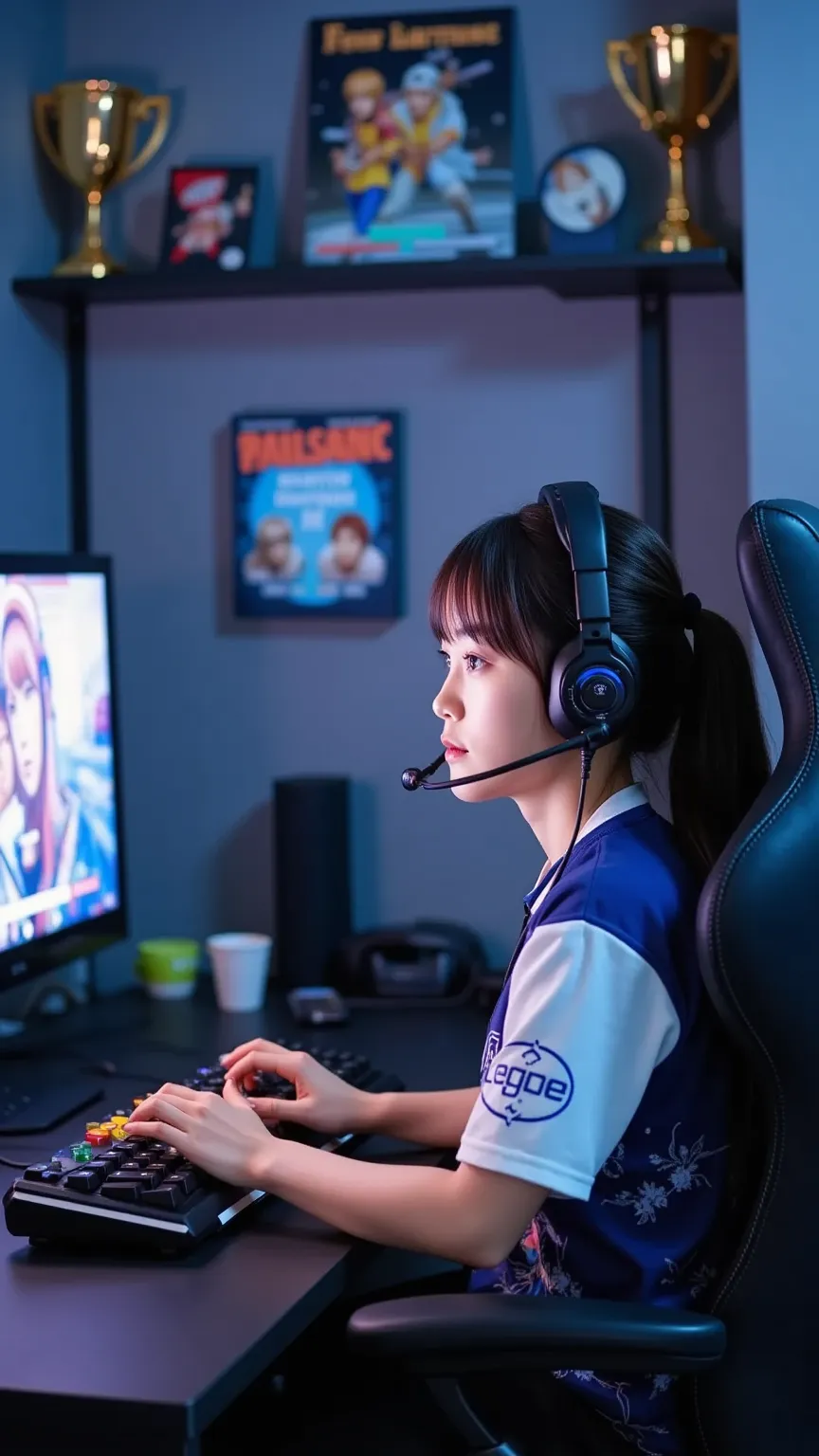 "A young Japanese female professional gamer intensely training for a fighting game competition. She is sitting in a high-end gaming chair in a dimly lit esports training room, with multiple monitors displaying a popular fighting game. She is wearing a gami...