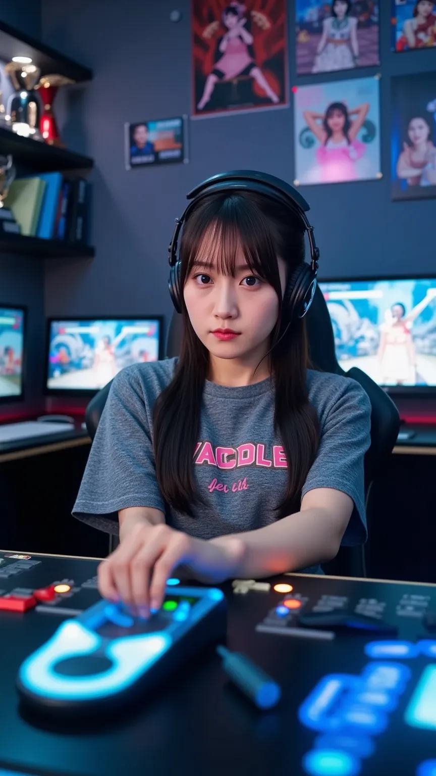 "A young Japanese female professional gamer intensely training for a fighting game competition. She is sitting in a high-end gaming chair in a dimly lit esports training room, with multiple monitors displaying a popular fighting game. She is wearing a gami...