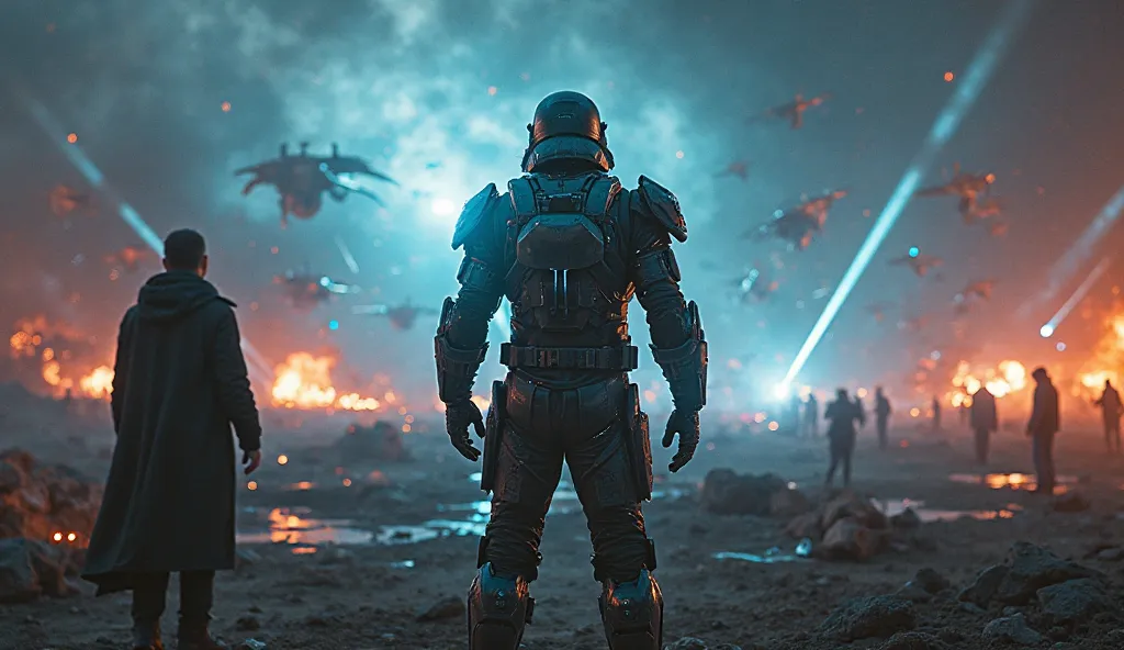 "A thrilling and cinematic sci-fi thumbnail depicting a futuristic war scene with a powerful, battle-worn human soldier standing in the foreground, his armor scratched but intact, glowing with energy. Behind him, an alien battlefield stretches into the dis...