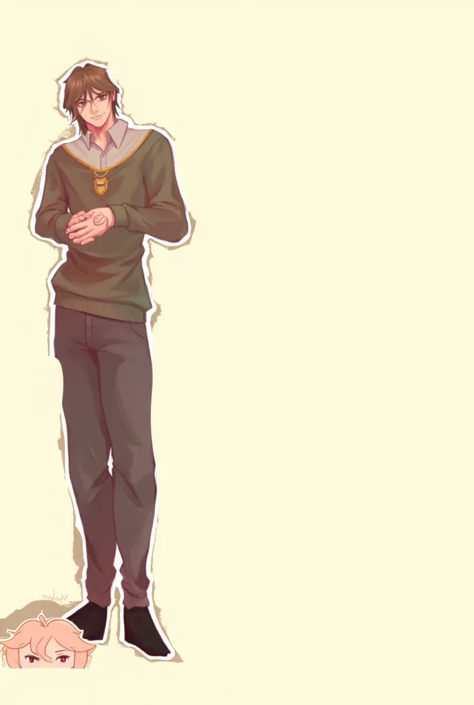 A realistic anime-style man with brown hair and brown eyes a green blouse with black jeans