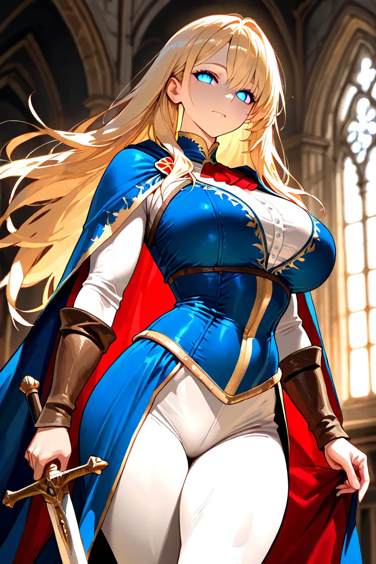 Royal Family Blood　　Muscular and toned buttocks　　　blonde long hair　Winning spirit　Slanted Eyes　　Medieval Europe　　uniform　white pants　background with a sword, masterpiece, best quality, newest, absurdres, highres, (((super detailed skin))), (((detailed beau...