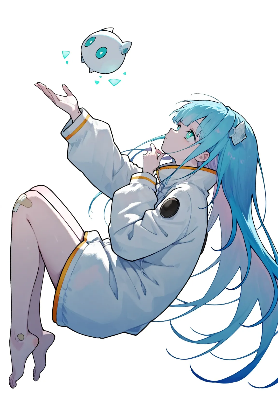 1girl,solo,somunia,Virtual youtuber,white pupils,long hair,multicolored hair,aqua eyes,blue hair,white jacket,hair ornament,bandaid on knee,barefoot,
expressionless,full body,floating,floating hair,looking up,thinking,from side,outstretched hand
,BREAK hig...