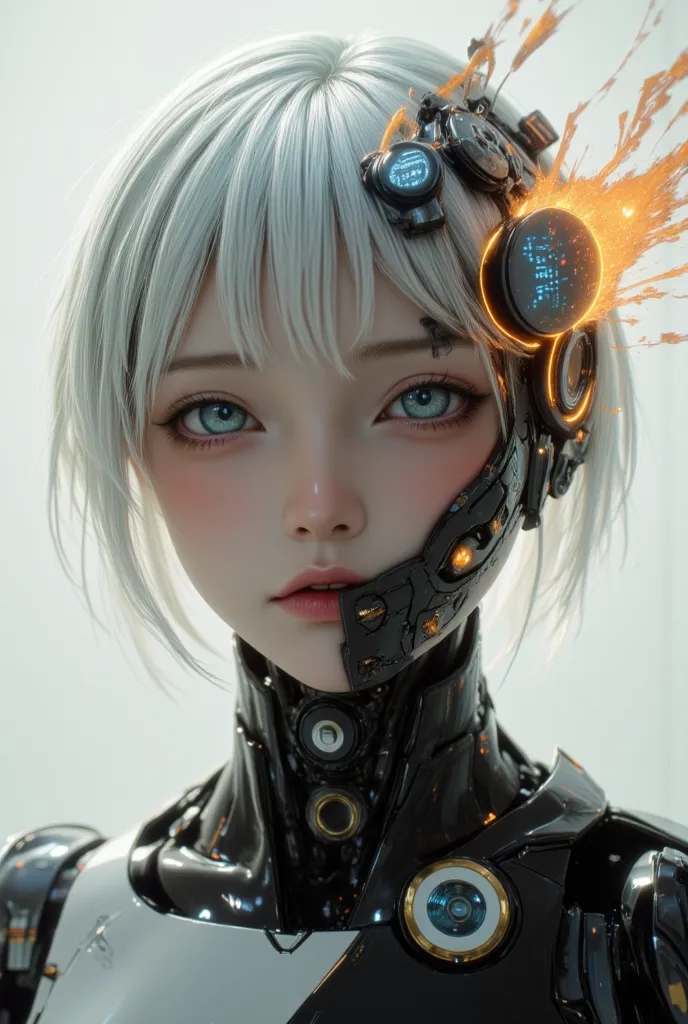 Create an artwork featuring a surreal, cybernetic character with a half-human, half-robot face. The human side has a soft, disheveled appearance with light-colored hair and large, expressive eyes. The robotic side is cracked and mechanical, showcasing comp...