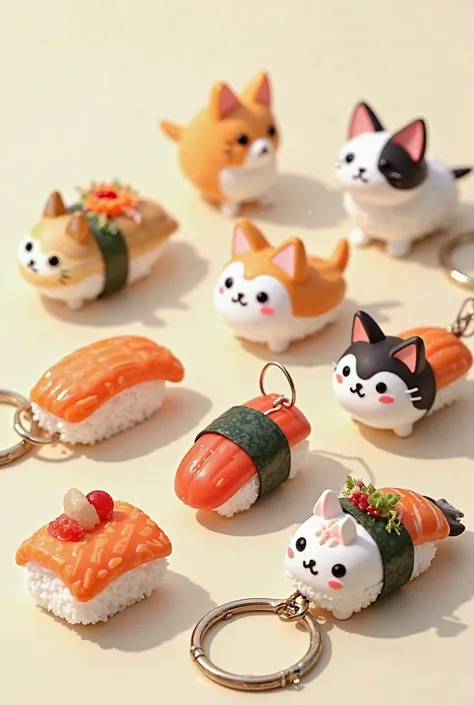 Miniature sushu animals like cat sushi dog onigiri as keychains