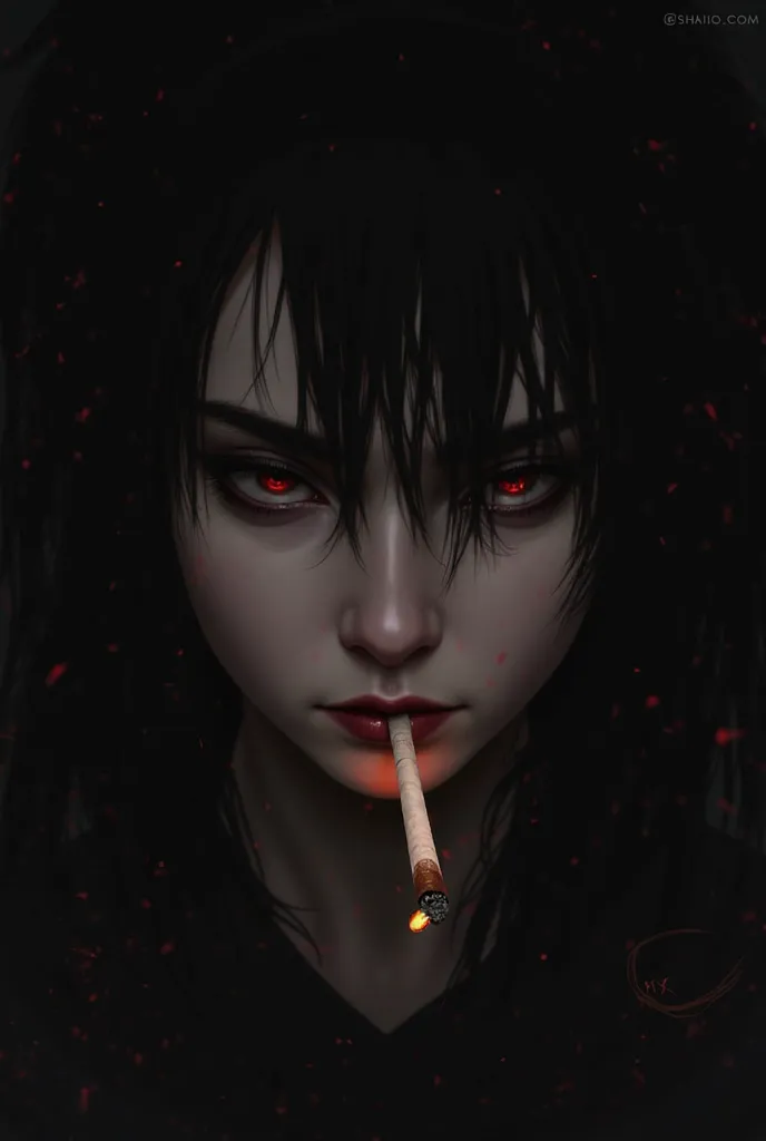 Cigarette character with red eyes in the mouth