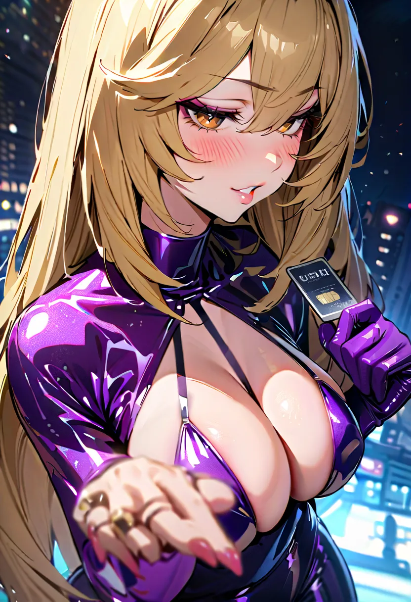 Shokuhou Misaki, purple latex, glitter latex, Night view, Beauty, Beautiful eyes, blush, uhd, retina, masterpiece, ccurate, anatomically correct, textured skin, super detail, high details, high quality, best quality, highres, grin, knee high boots, puckere...