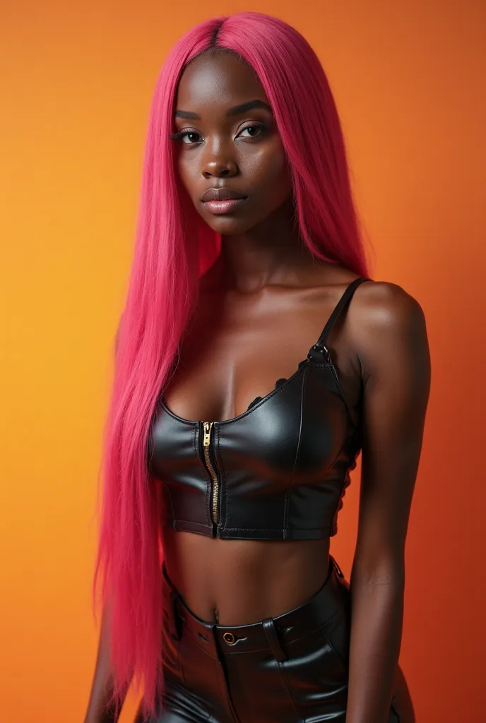 beautiful Afro-Caribbean woman with pink hair and straight hair, young woman with big breasts with a serious expression, perfect and delicate face , piercing eyes,full lips,soft leather,athletic body, elegant stance ,4k,ultra detailed,artistic photograph,p...