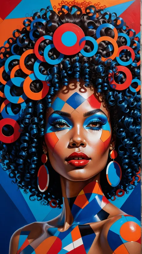 A vibrant, stylized portrait of a woman with an elaborate, curly afro adorned with colorful circular patterns in shades of blue, orange, and red. Her skin is depicted in deep hues, and she has bold makeup with red lips and striking eyes. The background fea...