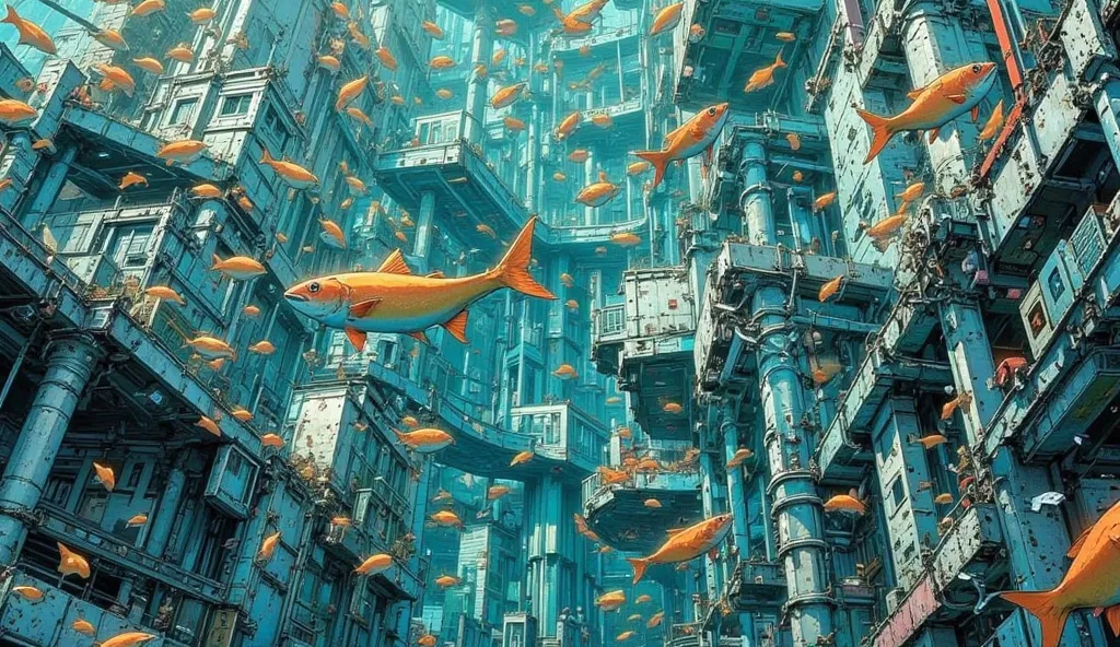 Cyberpunk,In the water,Swimming Fish,Sea Level Rise  ,Submerged Ruins,concrete ruins sinking into the sea,seawater erodes,crack,Piping,Wave