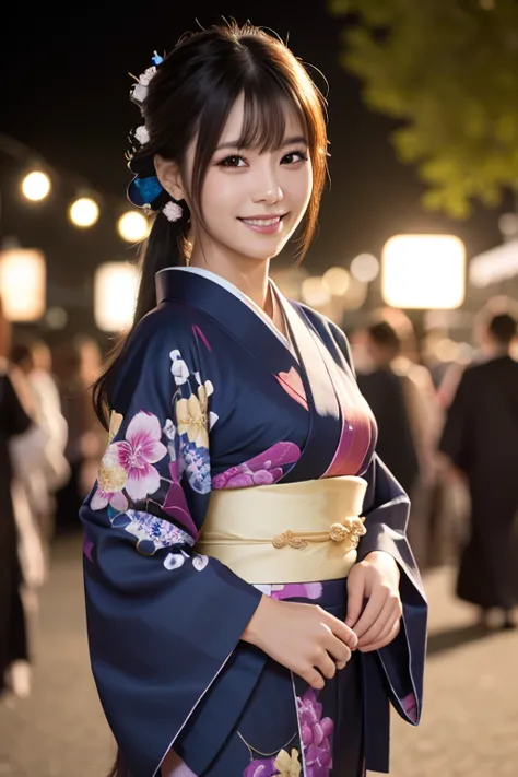 ((( top quality, 8k, Masterpiece))), Clear focus, ( beautiful woman with perfect figure ), slender, ( hairstyles at their best:  up )), ((  kimono: Cane)), street: 1.2 High Definition Face and Skin Textures Detailed Eyes Double Eyelids Random Postures, (sm...