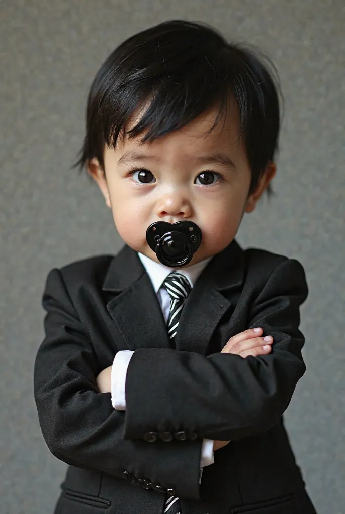 Baby with a black pacifier and short black hair dressed in a suit with her arms crossed