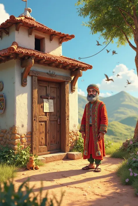 A 3D animated Disney Pixar styled scene where a Pathan guy is standing at the door of a village house and the door is locked and on the door there is a paper attached on which something is written.