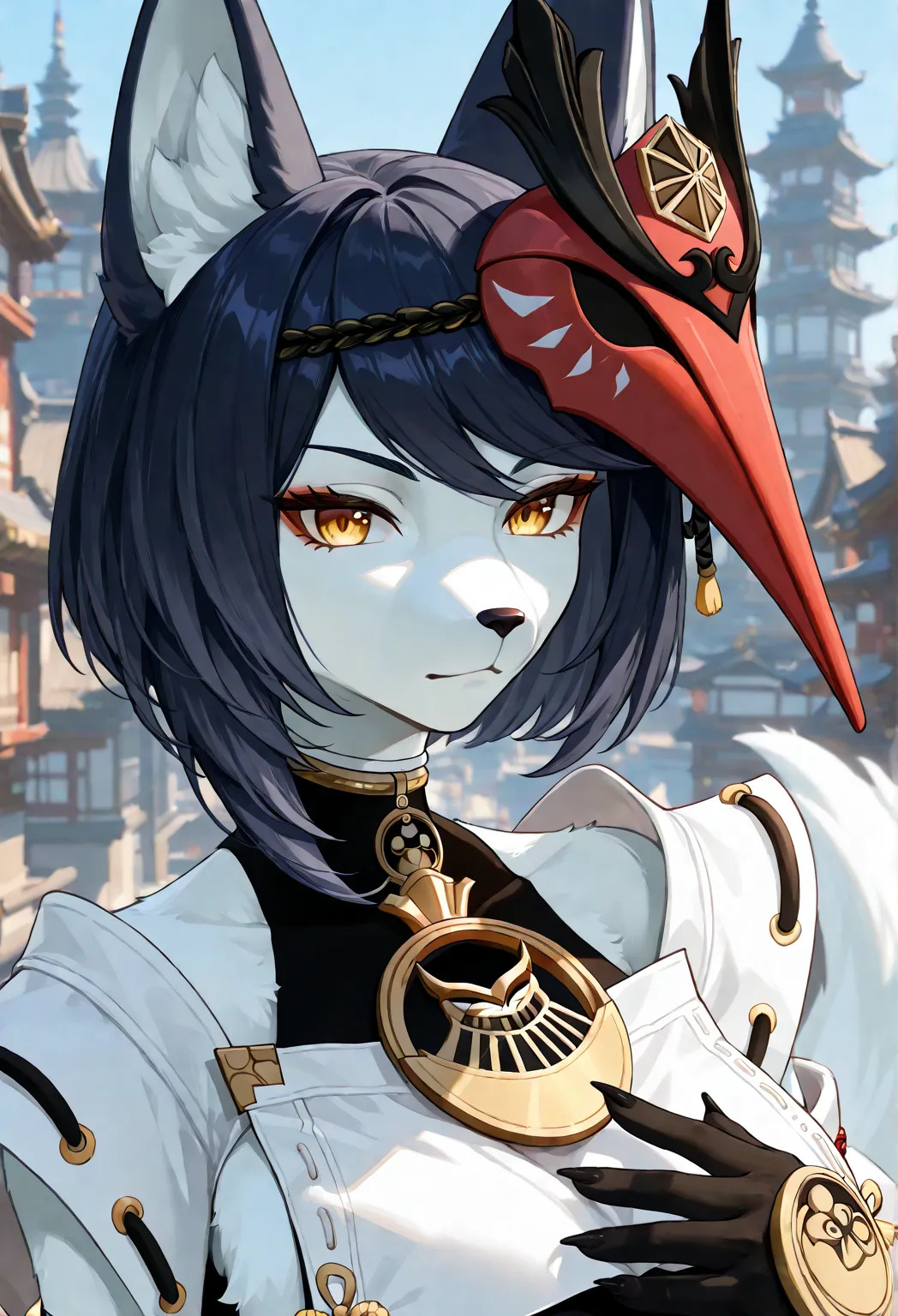 Furry fox woman, with green and white fur, with black hair in a Bob, in genshin impact kujou Sara’s clothes, with full gloves with pointed fingernails, with white fox tail, with extra extra large chest, top body portrait, city background