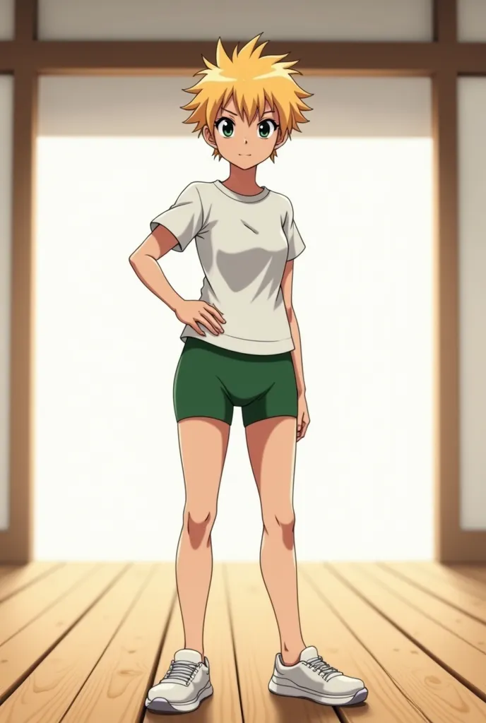 Very Short Blonde hair woman with big forehead wearing white shirt green boxers white sneakers standing in the dojo anime style 