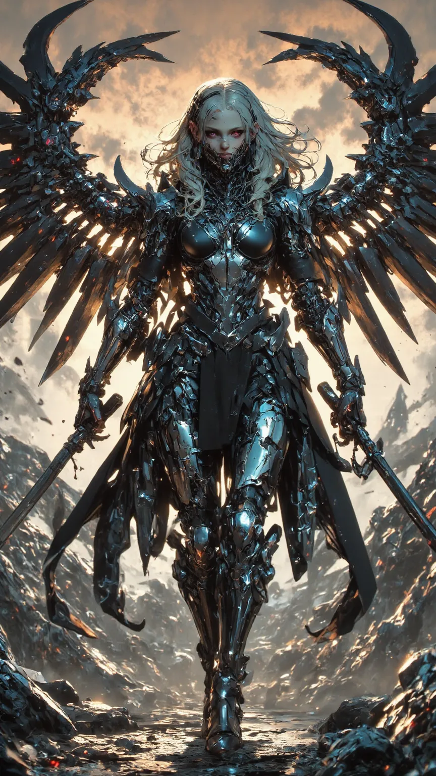 Magnificent depiction   ， A silver-haired banshee hunter ，  Armor broken like glass  ，   black wings  ，Red edge ， background changes from warm reddish-yellow to calm blue-green。