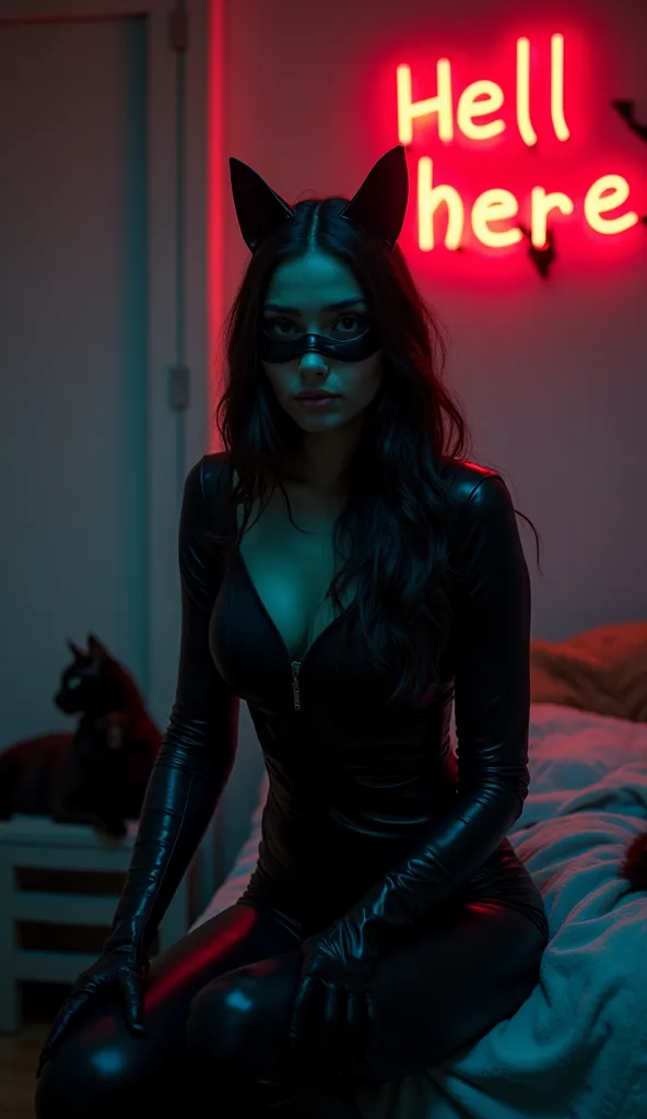 Create an 8k high-resolution, 2020s style realistic cinematic portrait of 1woman, [Selina Gomes:1.7] as Selina Kyle, donning a 2020s style Catwoman costume (skin-tight black latex Catwoman suit, cat woman mask), with a skinny slim body:1.7 and skinny long ...