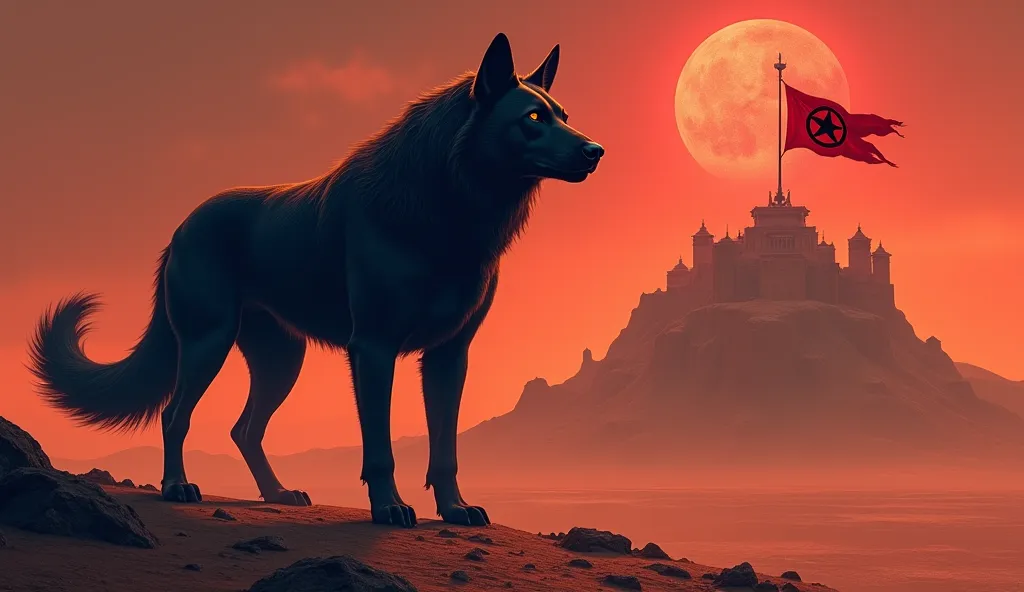 Cerveros is a three-headed dog of black color in a desert of red earth in the background there is a large mountain above the mountain there is a large imperial palace in the middle of the roof there is a rod where a red flag flies with the emblem DRAWN IN ...