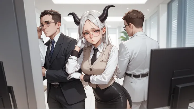 A girl with white long back hair Black/White suit vest with gloves
Grey Eepy sad Eyes
Black  horns at head 
Low thin round glasses black Normal tits
Mini black skirt
Knitted arm warmers very white Anime Vershion standing at office 