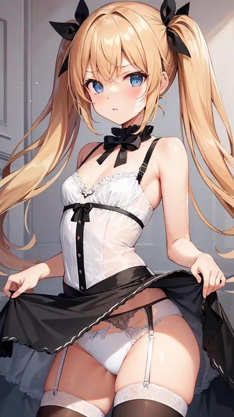 {{{masterpiece}}}, {{{best quality}}}, {{{super detailed}}},{{{very delicate and beautiful}}}, {{{blond with a big face}}},{{{medium twin tails}}},{{small breasts}},{cute face},{{troubled face}},{{miniskirt}}, {{{skirt lift by mysel,}}},{{{white Satin Pant...