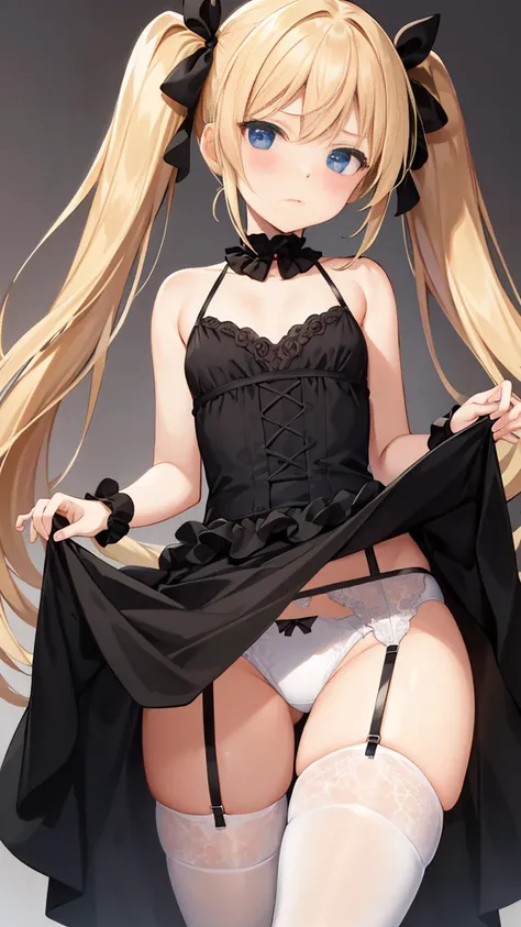 {{{masterpiece}}}, {{{best quality}}}, {{{super detailed}}},{{{very delicate and beautiful}}}, {{{blond with a big face}}},{{{medium twin tails}}},{{small breasts}},{cute face},{{troubled face}},{{miniskirt}}, {{{skirt lift by mysel,}}},{{{white Satin Pant...