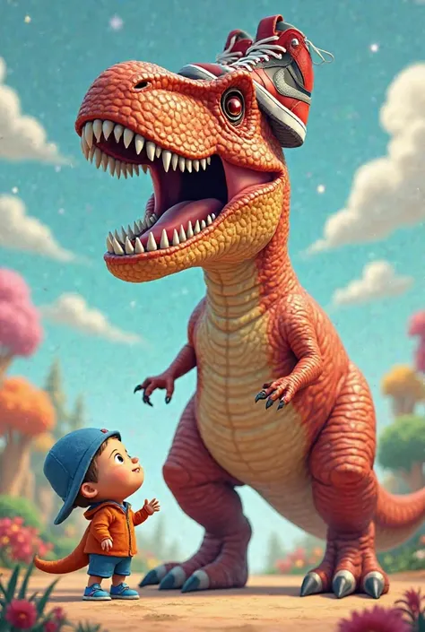 Create an image of the Tyrannosaurus rex with Jordans making a pocoyo mate