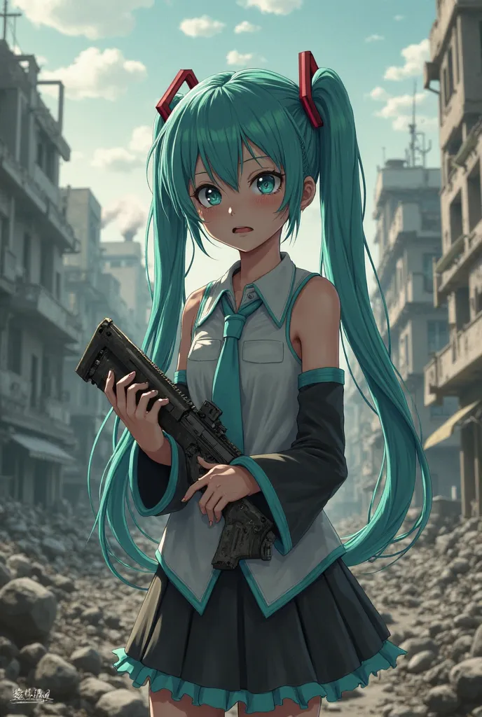 Miku crying in the middle of a war zone with a gun